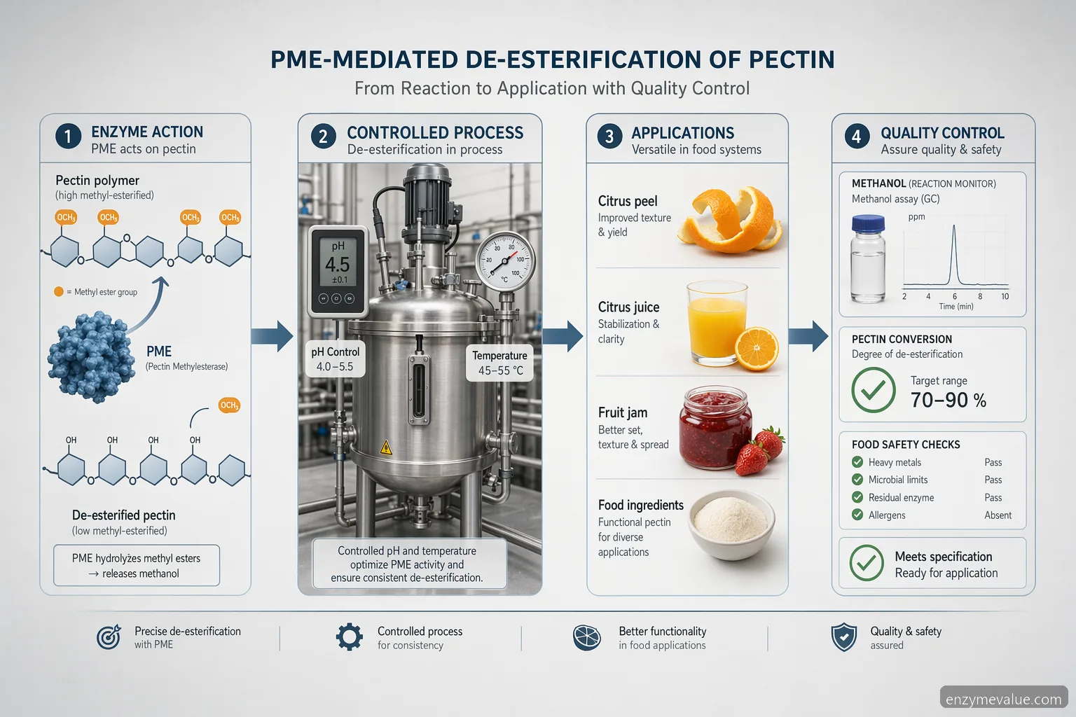 Procesguide til pectin methylesterase og methanolproduktion med PME-virkning, kontrol, anvendelser og QC-tjek